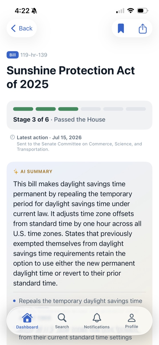 A bill in the Ballot app: the Sunshine Protection Act of 2025 at stage 3 of 6, passed the House, with a plain-language AI summary.
