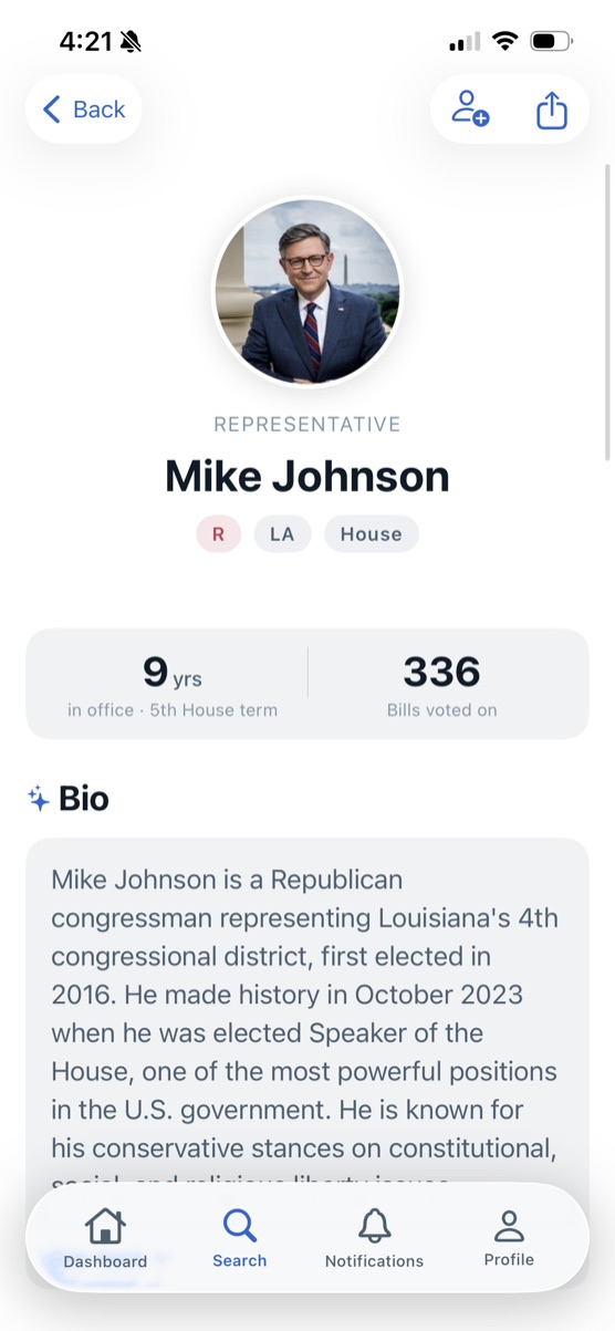 A representative's profile in the Ballot app, showing their party, state, chamber, years in office, and an AI-written biography.